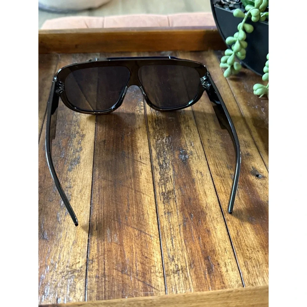 Black Oversized Flat Top Aviator Sunglasses Silver Bar T-Logo Shield Eyewear
